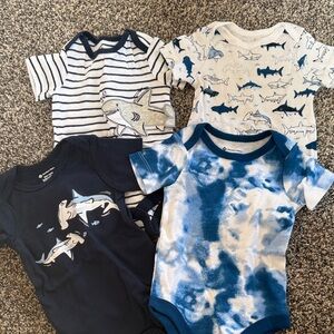 Bundle of 4 Members Mark Shark Baby Boy Onesie- Navy, Blue, and White Size NB